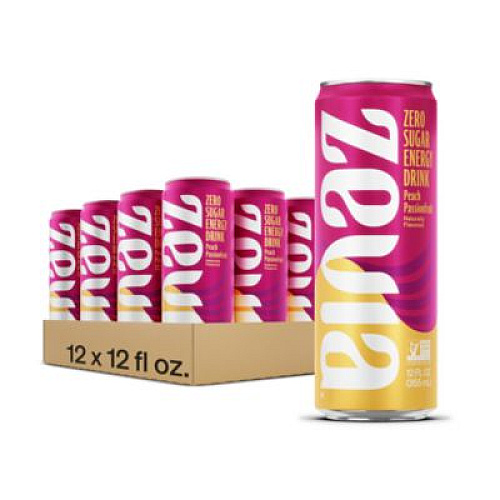 Zevia Zero Sugar Naturally Sweetened Energy Drink, Peach Passionfruit, 12 oz Cans, 12/Carton (0195712)
