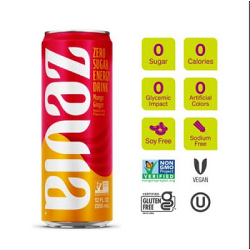 Zevia Zero Sugar Naturally Sweetened Energy Drink, Mango Ginger, 12 oz Can, 12/Carton (0195112)