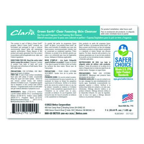 Betco Green Earth Clear Foaming Skin Cleanser Refill, Fragrance-Free, 1,000 mL, 6/Carton (7152900)