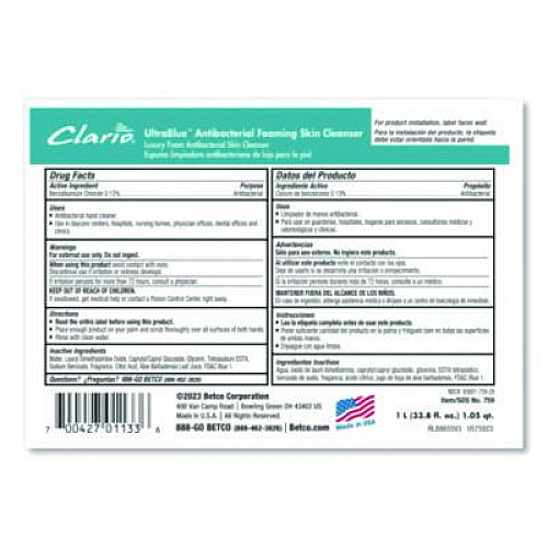 Betco UltraBlue Antibacterial Foaming Skin Cleanser Refill, Fragrance-Free, 1,000 mL, 6/Carton (7592900)