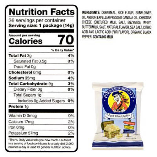 Pirate's Booty Natural Aged White Cheddar Baked Corn Puffs, 0.5 oz Bag, 36/Box, 2 Boxes/Carton (60004090)