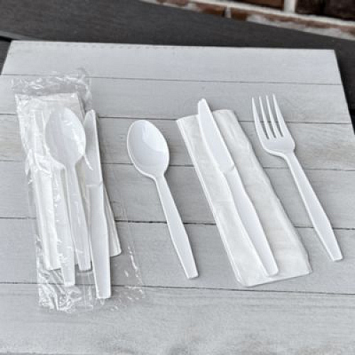 Boardwalk Four-Piece Polystyrene Cutlery Kit, Mediumweight, Fork/Knife/Napkin/Spoon, Plastic, White, 250/Carton (4KITWHPS)