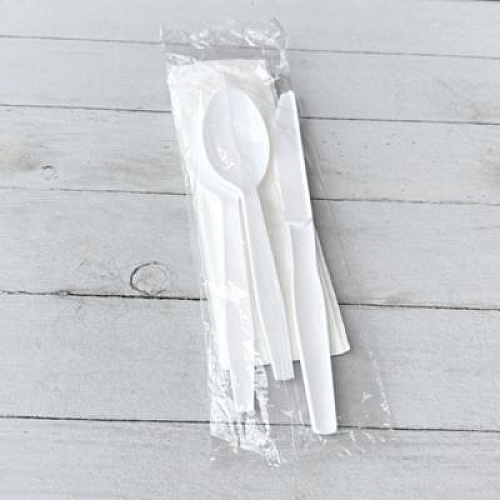 Boardwalk Four-Piece Polystyrene Cutlery Kit, Mediumweight, Fork/Knife/Napkin/Spoon, Plastic, White, 250/Carton (4KITWHPS)