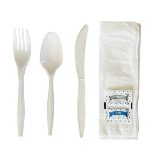 Boardwalk Six-Piece Cutlery Kit, Mediumweight, Fork/Knife/Napkin/Pepper/Salt/Spoon, 5.86", Plastic, White, 250/Carton (6COMBOKITPP)