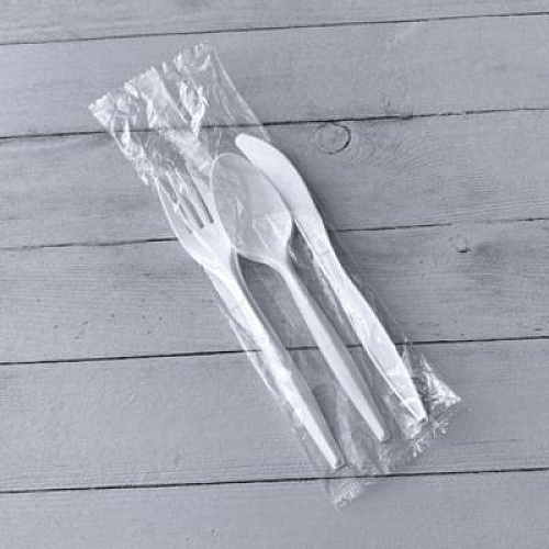 Boardwalk Three-Piece Cutlery Kit, Mediumweight, Fork/Knife/Spoon, 6.97", Plastic, White, 250/Carton (3COMBOKITPP)