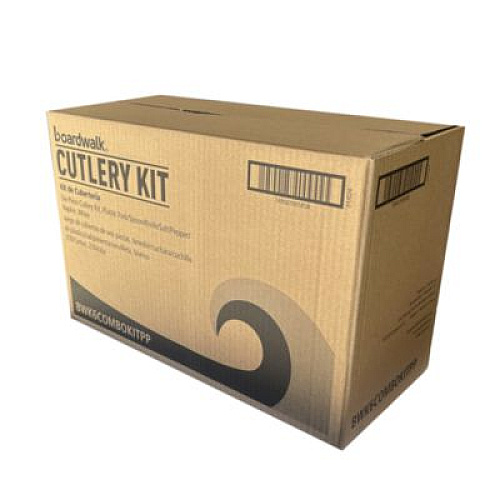 Boardwalk Six-Piece Cutlery Kit, Mediumweight, Fork/Knife/Napkin/Pepper/Salt/Spoon, 5.86", Plastic, White, 250/Carton (6COMBOKITPP)