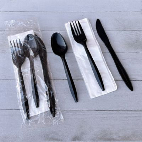 Boardwalk Four-Piece Cutlery Kit, Mediumweight, Fork/Knife/Napkin/Spoon, Plastic, 6.38", Black, 250/Carton (4KITBLPP)