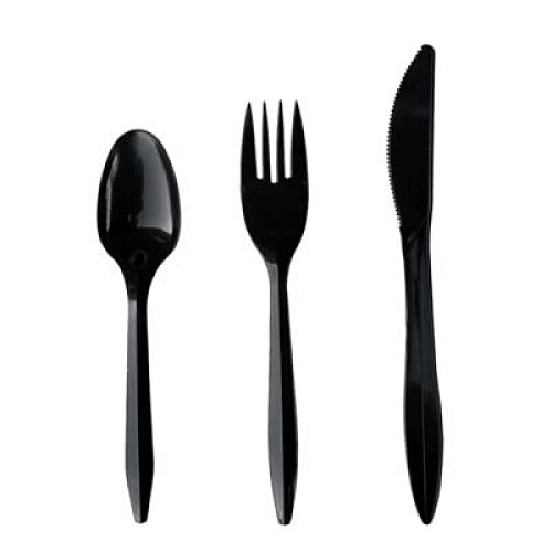 Boardwalk Four-Piece Cutlery Kit, Mediumweight, Fork/Knife/Napkin/Spoon, Plastic, 6.38", Black, 250/Carton (4KITBLPP)