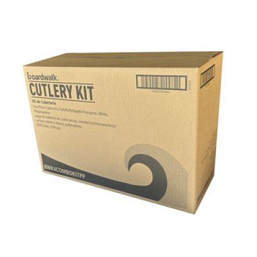 Boardwalk Four-Piece Polypropylene Cutlery Kit, Mediumweight, Fork/Knife/Napkin/Spoon, Plastic, White, 250/Carton (4COMBOKITPP)