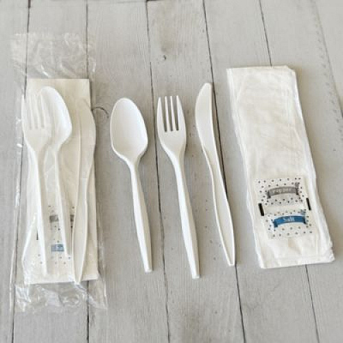 Boardwalk Six-Piece Cutlery Kit, Mediumweight, Fork/Knife/Napkin/Pepper/Salt/Spoon, 5.86", Plastic, White, 250/Carton (6COMBOKITPP)