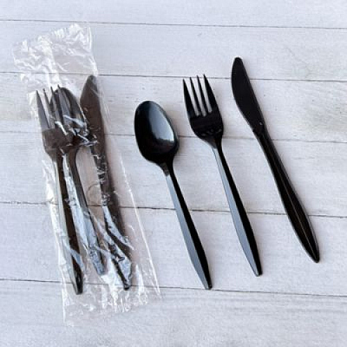 Boardwalk Three-Piece Polypropylene Cutlery Kit, Mediumweight, Fork/Knife/Spoon, Plastic, Black, 250/Carton (3KITBLPP)