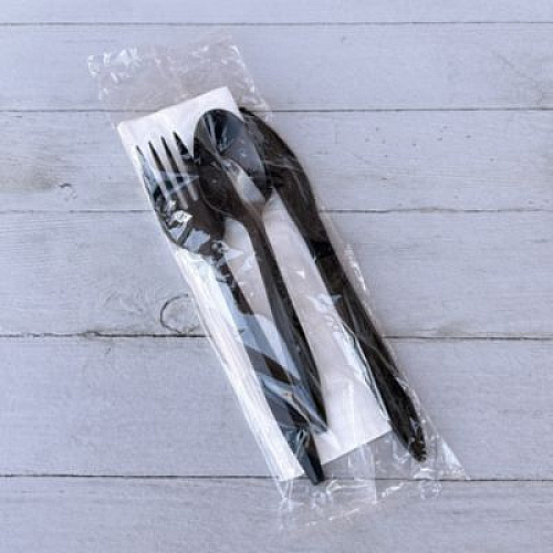 Boardwalk Four-Piece Cutlery Kit, Mediumweight, Fork/Knife/Napkin/Spoon, Plastic, 6.38", Black, 250/Carton (4KITBLPP)