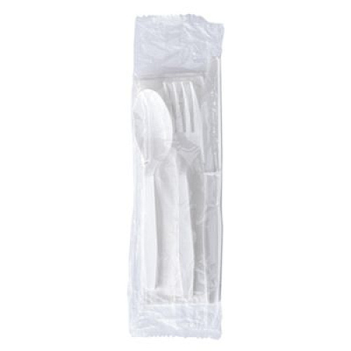 Boardwalk Four-Piece Polystyrene Cutlery Kit, Mediumweight, Fork/Knife/Napkin/Spoon, Plastic, White, 250/Carton (4KITWHPS)