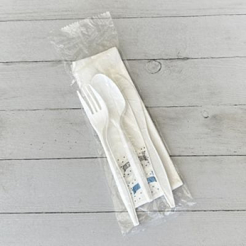 Boardwalk Six-Piece Cutlery Kit, Mediumweight, Fork/Knife/Napkin/Pepper/Salt/Spoon, 5.86", Plastic, White, 250/Carton (6COMBOKITPP)
