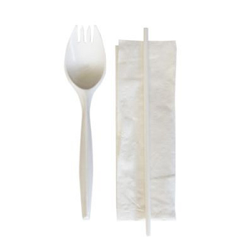 Boardwalk School Cutlery Kit, Mediumweight, Napkin/Spork/Straw, 5.31", Plastic, White, 1,000/Carton (SCHOOLKITPP)
