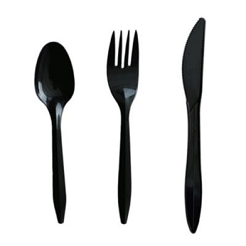 Boardwalk Three-Piece Polystyrene Cutlery Kit, Mediumweight, Fork/Knife/Spoon, Plastic, Black, 250/Carton (3KITBLPS)