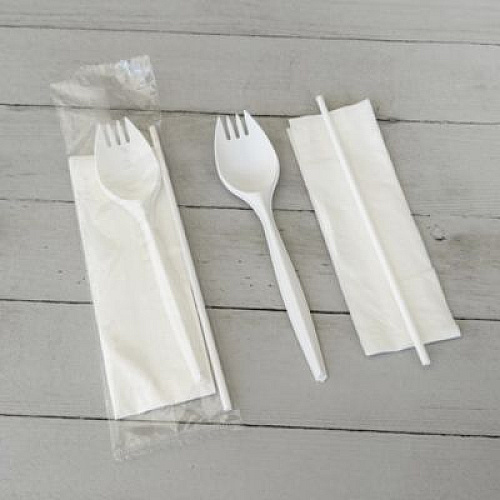 Boardwalk School Cutlery Kit, Mediumweight, Napkin/Spork/Straw, 5.31", Plastic, White, 1,000/Carton (SCHOOLKITPP)