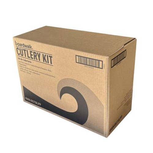 Boardwalk Four-Piece Cutlery Kit, Mediumweight, Fork/Knife/Napkin/Spoon, Plastic, 6.38", Black, 250/Carton (4KITBLPP)