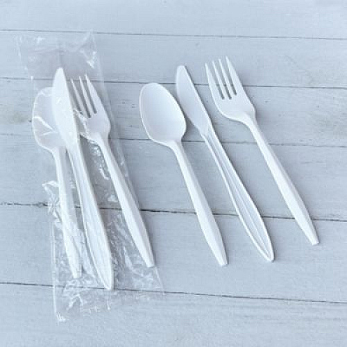 Boardwalk Three-Piece Polystyrene Cutlery Kit, Mediumweight, Fork/Knife/Spoon, Plastic, White, 250/Carton (3KITWHPS)