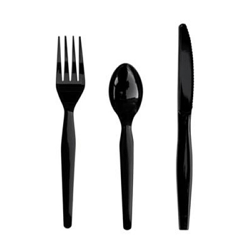 Boardwalk Three-Piece Polystyrene Cutlery Kit, Heavyweight, Fork/Knife/Spoon, Plastic, Black, 250/Carton (3KITHVYBL)