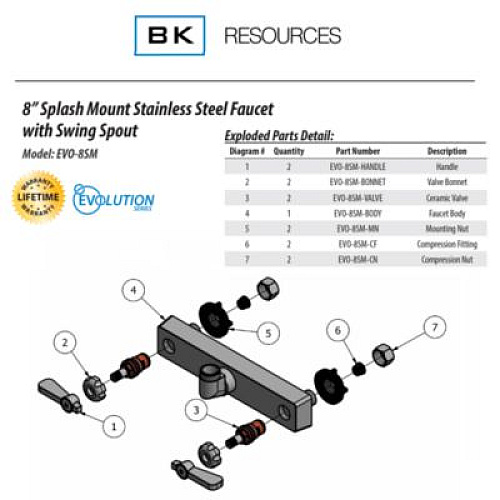 BK Resources Evolution Splash Mount Stainless Steel Faucet, 4.88" Height/10" Reach, Stainless Steel (EVO8SM10)