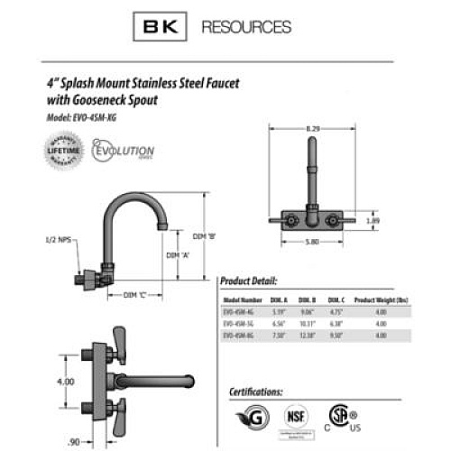 BK Resources Evolution Splash Mount Stainless Steel Faucet, 12.38" Height/8" Reach, Stainless Steel (EVO4SM8G)