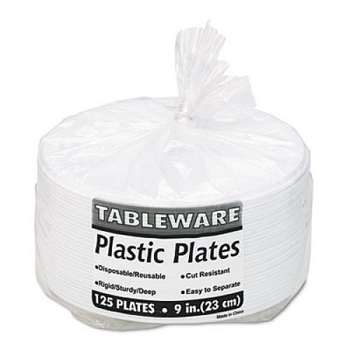Tablemate Plastic Dinnerware, 3-Compartment Plates, 9" dia, White, 125/Pack (19644WH)