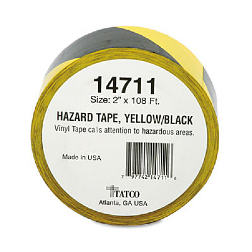Tatco Hazard Marking Aisle Tape, 2" x 108 ft, Black/Yellow (14711)