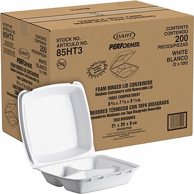 Dart 8-1/2" Triple-Compartment Foam Containers (85HT3)