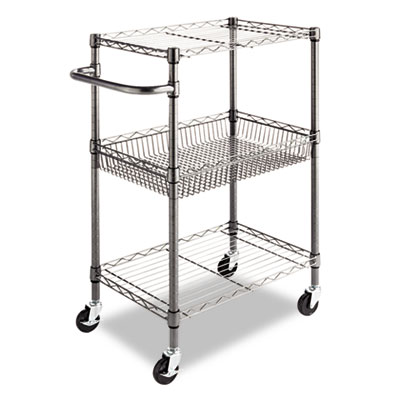 Alera Three-Tier Wire Cart with Basket, 28w x 16d x 39h, Black Anthracite (ALESW342416BA)