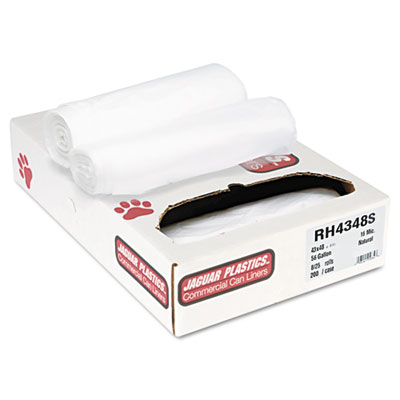 Jaguar Plastics INDUSTRIAL STRENGTH COMMERCIAL CORELESS ROLL CAN LINERS, 56 GAL, 16 MICRONS, 43" X 48", NATURAL, 200/CARTON (JAGRH4348S)