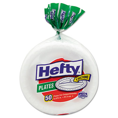 Hefty Soak Proof Tableware, Foam Plates, 8 7/8" Dia, 3-Comp, White, 50/pack (D21845)