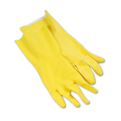 Boardwalk Flock-Lined Latex Cleaning Gloves, Large, Yellow, 12 Pairs (BWK242L)