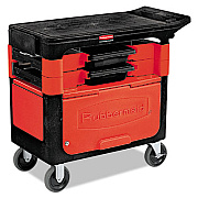 Rubbermaid Commercial Trades Cart with Locking Storage Area, Plastic, 2 Shelves, 2 Drawers, 330 lb Capacity, 19.25" x 38" x 33.38", Black (618088BLA)