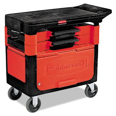 Rubbermaid Commercial Trades Cart with Locking Storage Area, Plastic, 2 Shelves, 2 Drawers, 330 lb Capacity, 19.25" x 38" x 33.38", Black (618088BLA)