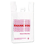 Inteplast Group HDPE T-Shirt Bags, Thank You - Have a Nice Day Labeling, Cut-Out Handles, 12" x 7" x 23", White/Red, 500/Carton (THW2VAL)