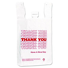 Inteplast Group HDPE T-Shirt Bags, Thank You - Have a Nice Day Labeling, Cut-Out Handles, 12" x 7" x 23", White/Red, 500/Carton (THW2VAL)