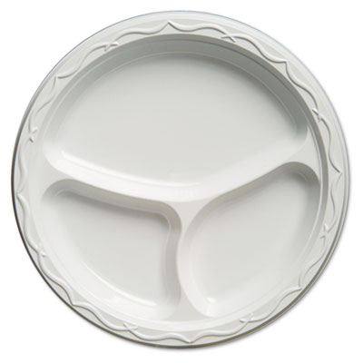 Genpak Aristocrat Plastic Plates, 10 1/4 Inches, White, Round, 3 Compartments, 125/pack (71300)