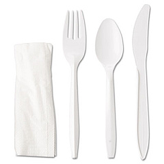 GEN Wrapped Cutlery Kit, Fork/Knife/Spoon/Napkin, Mediumweight, Polypropylene Plastic, White, 250/Carton (GEN4KITMW)