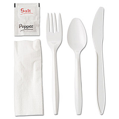 GEN Wrapped Cutlery Kit, Fork/Knife/Spoon/Napkin/Salt/Pepper, Polypropylene, White, 250/Carton (GEN6KITMW)