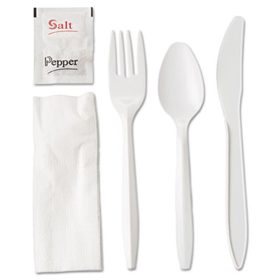 GEN Wrapped Cutlery Kit, Fork/Knife/Spoon/Napkin/Salt/Pepper, Polypropylene, White, 250/Carton (GEN6KITMW)