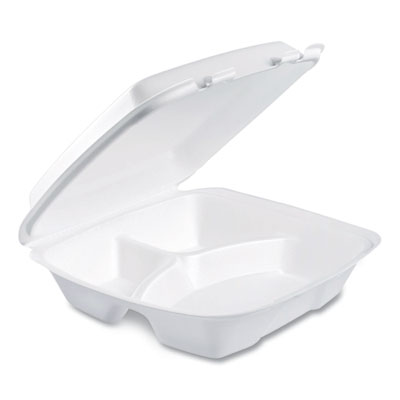 Dart Foam Hinged Lid Container, Performer Perforated Lid, 3 Compartments, 9 x 9.4 x 3, White, 100/Bag, 2 Bag/Carton (90HTPF3R)