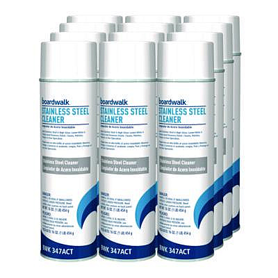 Boardwalk Stainless Steel Cleaner and Polish, Water-in-Oil Based, Lemon Scent, 18 oz Aerosol Spray, 12/Carton (347ACT)