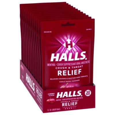 HALLS Triple Action Cough Drops, Cherry, 30/Bag, 12 Bags/Box (27499)