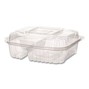 Eco-Products Renewable and Compostable Clear Clamshell Hinged Food Containers, 3 Compartments, 8 x 8 x 3, Plastic, 80/Pack, 2 Packs/Carton (EPLC83)