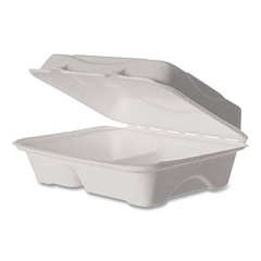 Eco-Products Vanguard Renewable and Compostable Sugarcane Clamshells, 3 Compartments, 9 x 6 x 3, White, 250/Carton (EPB002NFA)