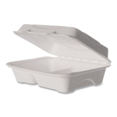 Eco-Products Vanguard Renewable and Compostable Sugarcane Clamshells, 3 Compartments, 9 x 6 x 3, White, 250/Carton (EPB002NFA)