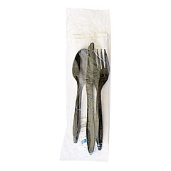 Boardwalk Six-Piece Cutlery Kit, Mediumweight, Fork/Knife/Napkin/Pepper/Salt/Spoon, 5.86", Plastic, Black, 250/Carton (COMBO6KIT)