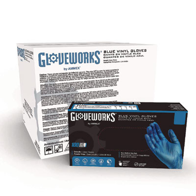 GloveWorks by AMMEX Industrial Vinyl Gloves, Powder-Free, Medium, 3 mil Thick, 9.5" Long, Blue, 100/Box, 10 Boxes/Carton (IVBPF44100)