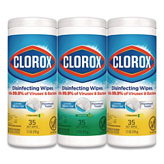Clorox Disinfecting Wipes, 1-Ply, 7 x 8, (1) Fresh Scent/(2) Crisp Lemon, White, 35/Canister, 3 Canisters/Pack (30112)